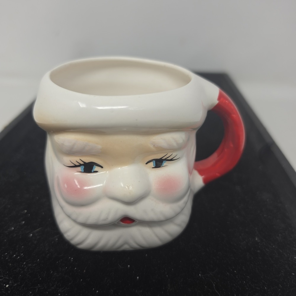 Red White Vintage Santa Clause Mug Cup Christmas Decor Eyes Open
